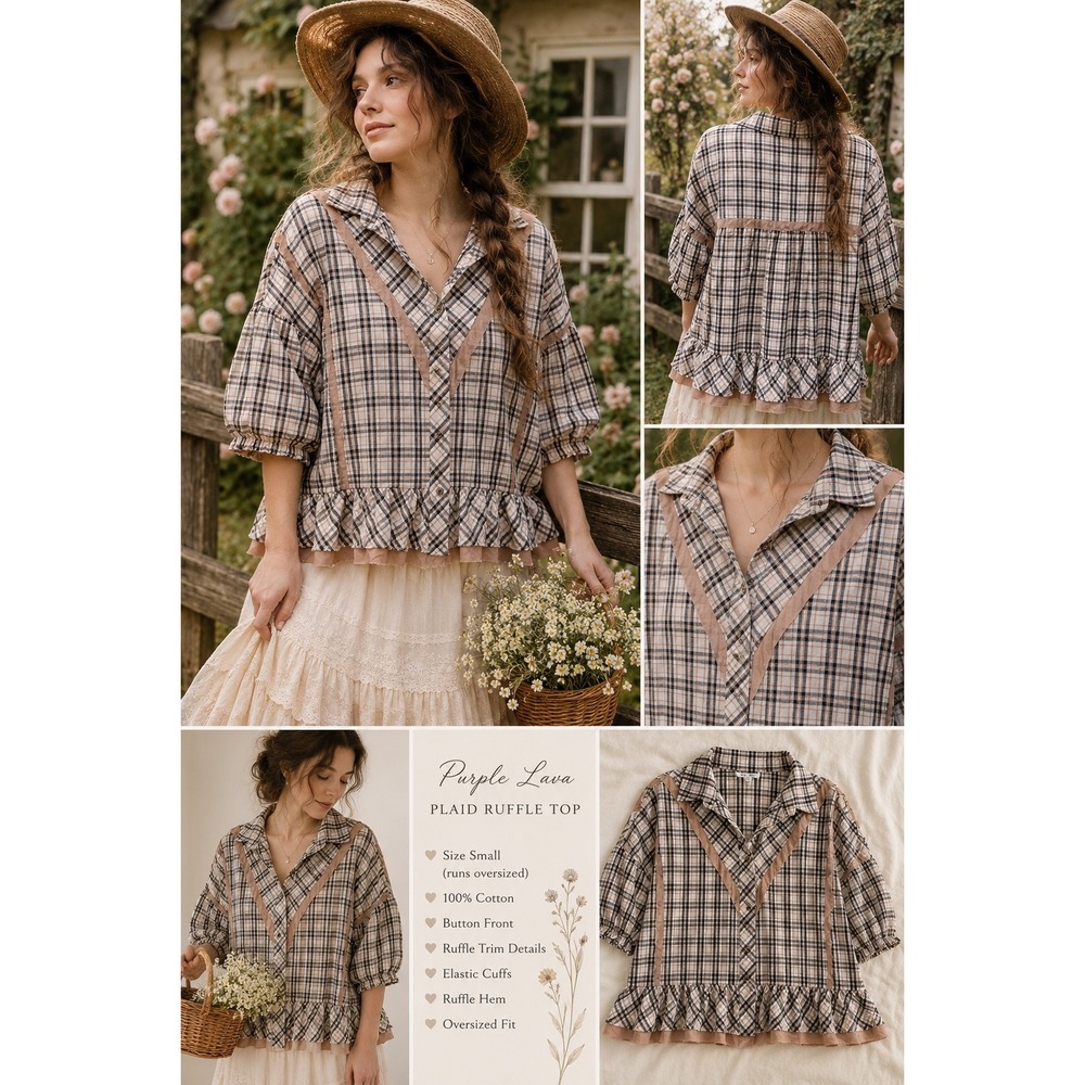 Boutique Plaid Ruffle Top Prairie Cowgirl Cottagecore Oversized Small